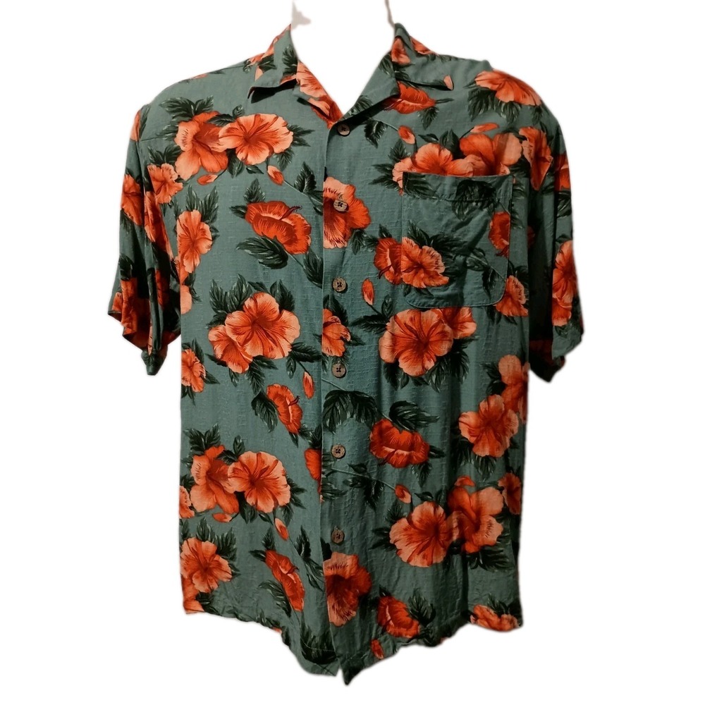1990s Vtg Original Island Sport Men's Medium Hawaiian Shirt Teal Orange Hibiscus